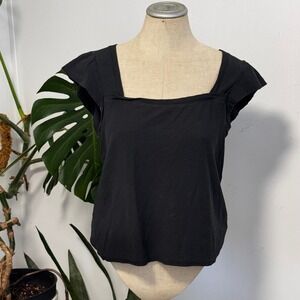 Nation LTD Flutter Sleeve Top Women Medium Black Square Neck Pima Cotton Tee